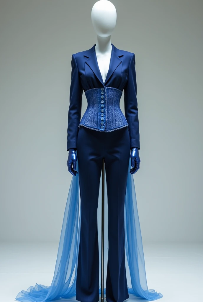 Generate a look from a blue suit, with a blue corset at the waist over the suit , a pair of blue straight-cut pants, a long sleeve shirt 50 % transparentes e azul e por baixo do terno e uma luva do mesmo material da camisa 50% transparentes. The fabric of the suit and pants must be tailored. The mannequin must be .