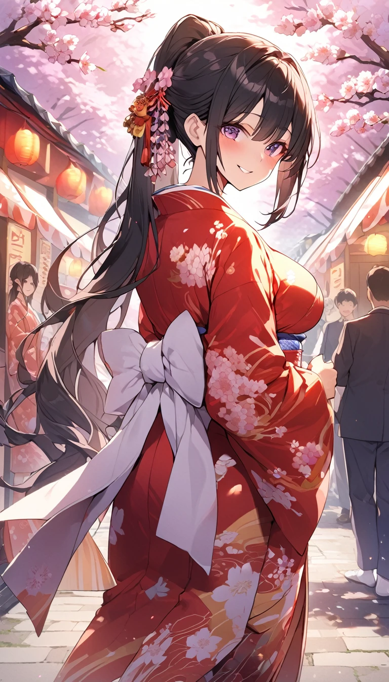 One Woman、beautiful girl、night、nightcherry blossoms、kimono、Beautiful patterned kimono、ponytail、Waraji、School、Back of the school building、spring、cherry blossoms々、はためくcherry blossomsの花びら、Long Hair、Highest quality、Ultra HD、Black Hair、smile、8 heads、White tabi socks、Japanese Umbrella、smile、Cowboy Shot、festival、Many food stalls、Beautiful views、Turn your body forward、Accentuate your breasts、Facing forward、Send a love letter to the audience
