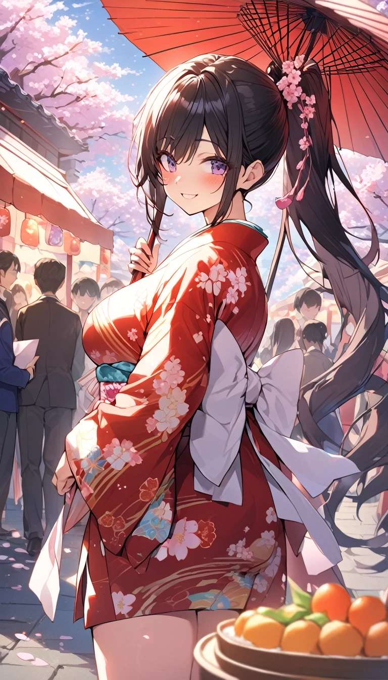 One Woman、beautiful girl、night、nightcherry blossoms、kimono、Beautiful patterned kimono、ponytail、Waraji、School、Back of the school building、spring、cherry blossoms々、はためくcherry blossomsの花びら、Long Hair、Highest quality、Ultra HD、Black Hair、smile、8 heads、White tabi socks、Japanese Umbrella、smile、Cowboy Shot、festival、Many food stalls、Beautiful views、Turn your body forward、Accentuate your breasts、Facing forward、Send a love letter to the audience