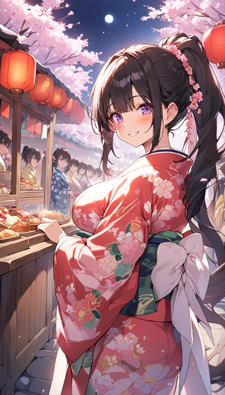 One Woman、beautiful girl、night、nightcherry blossoms、kimono、Beautiful patterned kimono、ponytail、Waraji、School、Back of the school building、spring、cherry blossoms々、はためくcherry blossomsの花びら、Long Hair、Highest quality、Ultra HD、Black Hair、smile、8 heads、White tabi socks、Japanese Umbrella、smile、Cowboy Shot、festival、Many food stalls、Beautiful views、Turn your body forward、Accentuate your breasts、Facing forward、Send a love letter to the audience