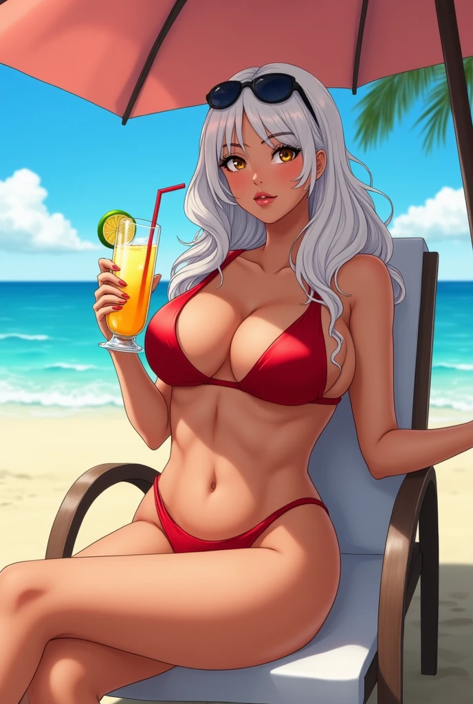 Capture Anime manhwa, beautiful woman, brown skin, white eyebrows, round and full lips, long wavy white hair, golden eyes, long eyelashes, small waist, wide hips, big breasts, big thighs, long and nice nails, on a sunny day on a beach, she is sitting in a comfortable chair under an umbrella with one leg crossed over the other, with a refreshing drink in her hands, she has a revealing and sexy red bikini, she wears sunglasses on her head