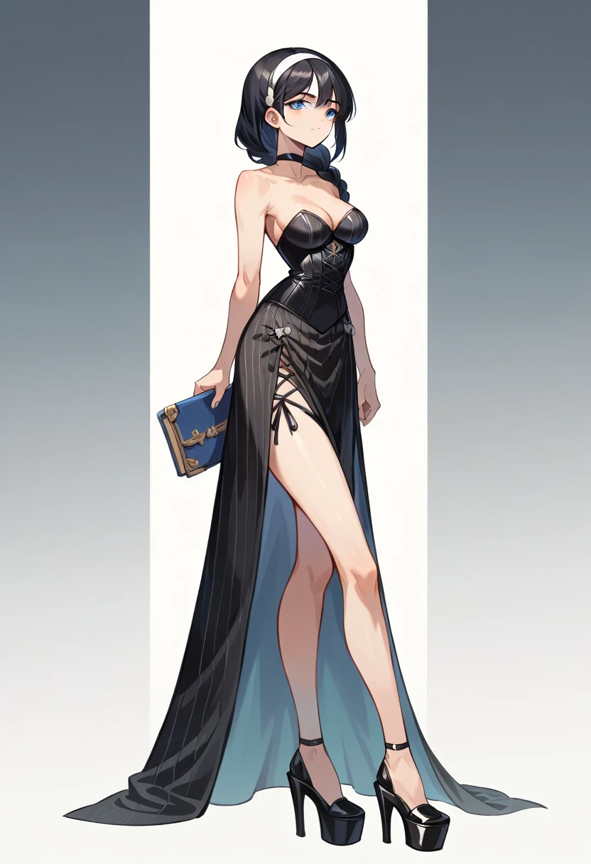 ((ultra detailed, masterpiece, best quality)) FF8Rinoa, 1girl, solo, single braid, blue eyes, black hair, white hairband, black choker, medium Breasts hanging, black corset strapless sexy, white sexy miniskirt, sexy long legs, black platform high heels wedges,  full body shot 