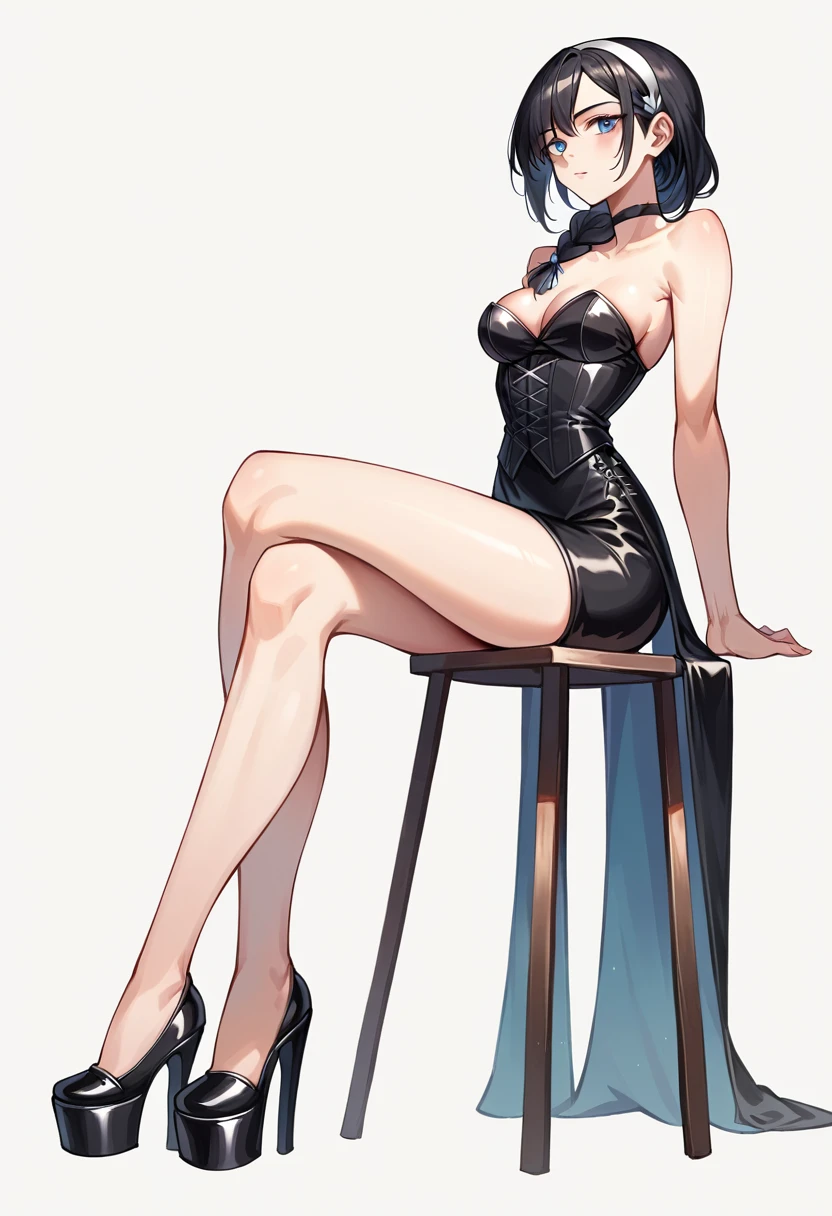 ((ultra detailed, masterpiece, best quality)) FF8Rinoa, 1girl, solo, single braid, blue eyes, black hair, white hairband, black choker, medium Breasts hanging, black corset strapless sexy, white sexy miniskirt, sexy long legs, black platform high heels wedges, full body shot