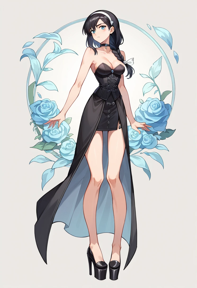 ((ultra detailed, masterpiece, best quality)) FF8Rinoa, 1girl, solo, single braid, blue eyes, black hair, white hairband, black choker, medium Breasts hanging, black corset strapless sexy, white sexy miniskirt, sexy long legs, black platform high heels wedges,  full body shot 