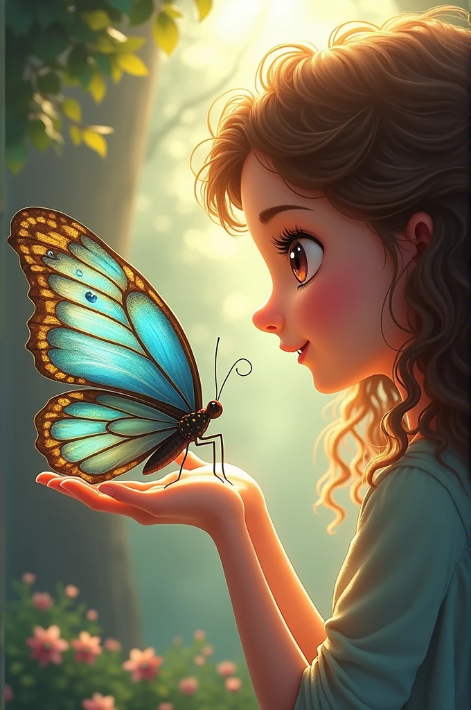 A fantasy butterfly in hand-drawn cartoon style., Whole body, with curly hair, eyes with a tender look, Long eyelashes and a nice smile., Large butterfly wings with blue and gold waves., posing in left profile