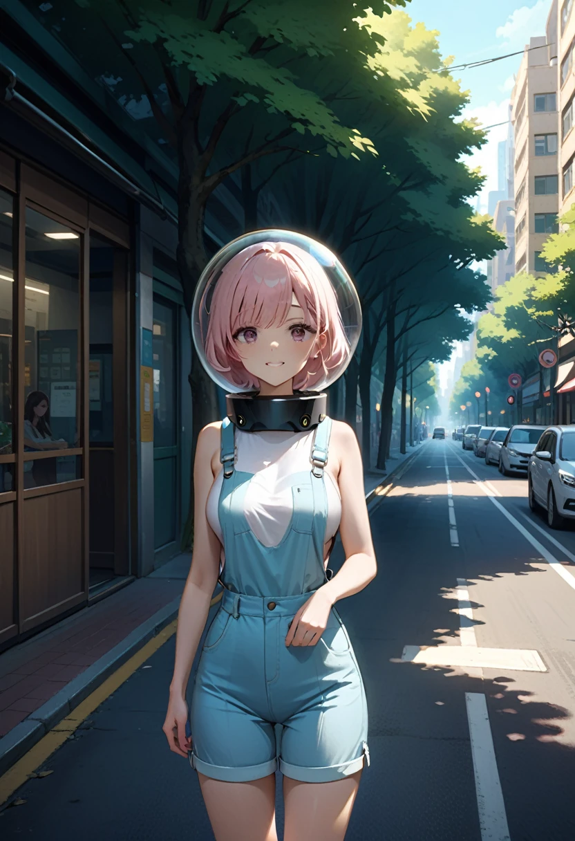 space helmet, bubble helmet, eva helm, 1girl,solo,smile,(short light pink hair:1.3),standing as a tram passes by in the background of a morning cityscape the tracks beside her, casting soft shadows in the soft morning light. The city should be waking up, with soft light illuminating the buildings, streets and trees. The overall mood should be calm and serene, capturing the peacefulness of the morning in a bustling city,
