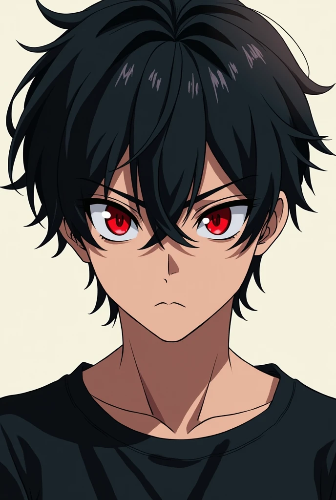 Create a Young Male, dark haired and scarlet eyes and cat-like pupils, with a serious expression He is wearing a dark shirt. His hair has bangs parted in the middle.. Make it in 2D anime style drawing