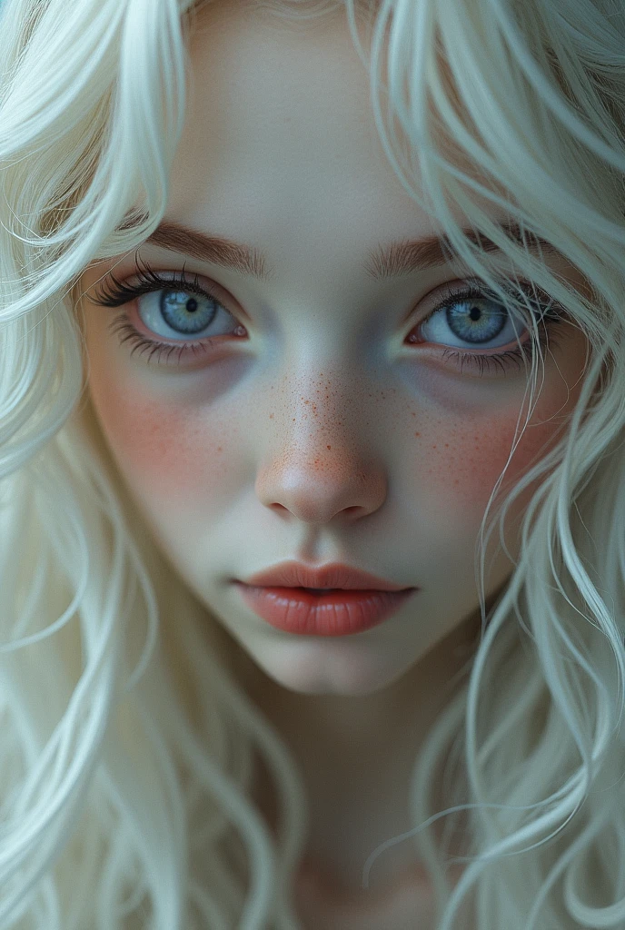 Girl with pale skin, delicate features, small mouth with full lips, big violet eyes, thin eyebrows, with freckles on her face and long, light blonde curly hair
