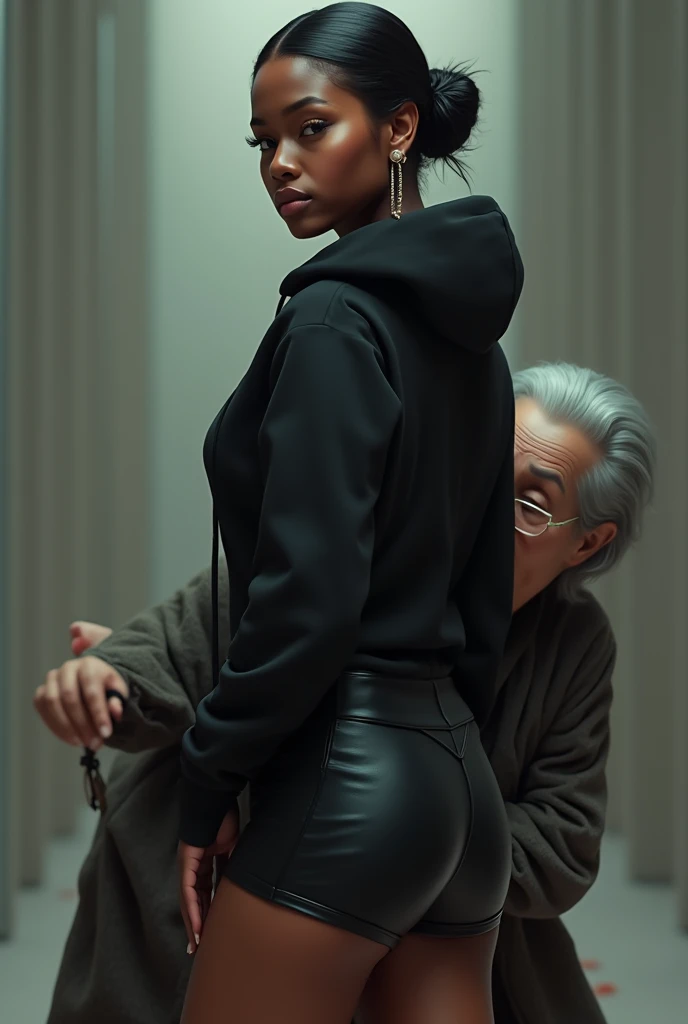 black woman hair in a bun black hoodie black leather short shorts a old grandma in a dress on her knees kissing her ass behind her