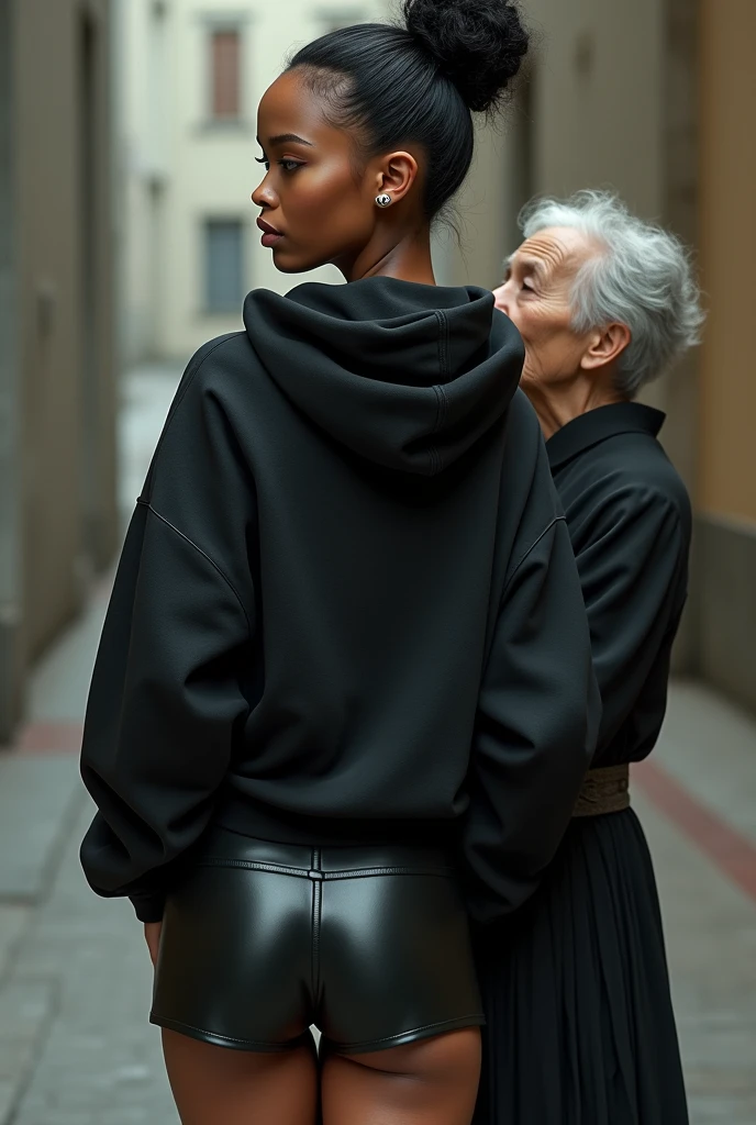 black woman hair in a bun black hoodie   black leather short shorts   a old grandma in a dress on her knees kissing her ass behind her
