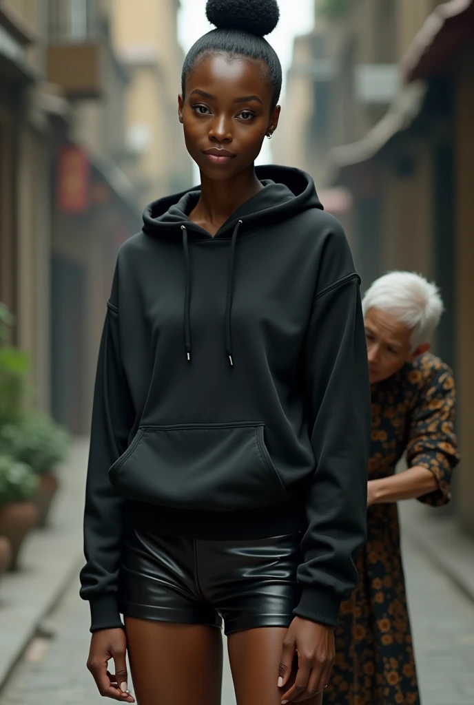 black woman hair in a bun black hoodie black leather short shorts a old grandma in a dress on her knees kissing her ass behind her