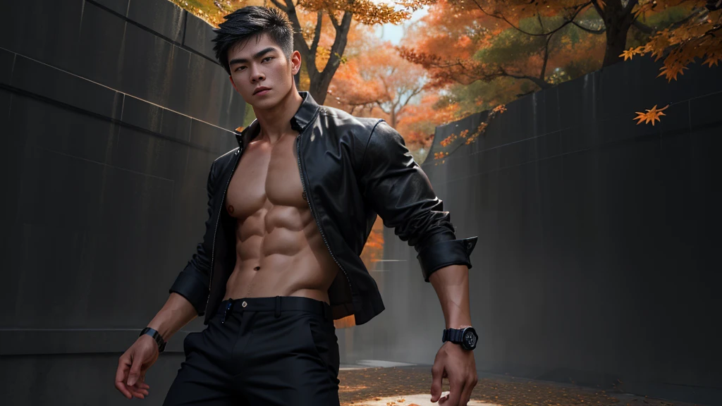 1boy, 18yo, asian, boyfish face, (thin face), short hair, muscular, deep dark tanned skin, ambitious eyes, aggresive,athletic, , sportsboy, (Realism: 1.4), top quality, masterpiece, male, thin, (1 man, solo, orange loose shirt, black pants, viewer watch, closed mouth, upper body), (park background in autumn), (idol face, Korean face, sharp eyeliner) (male), (face focus, pottrait, movie lightning), (light spring theme, short hair men), (masterpiece:1.2), (best quality:1.2), (extremely detailed:1.2), (extremely detailed face), (detailed background), (ultra detailed), realistic, 1male, 1boy, handsome,