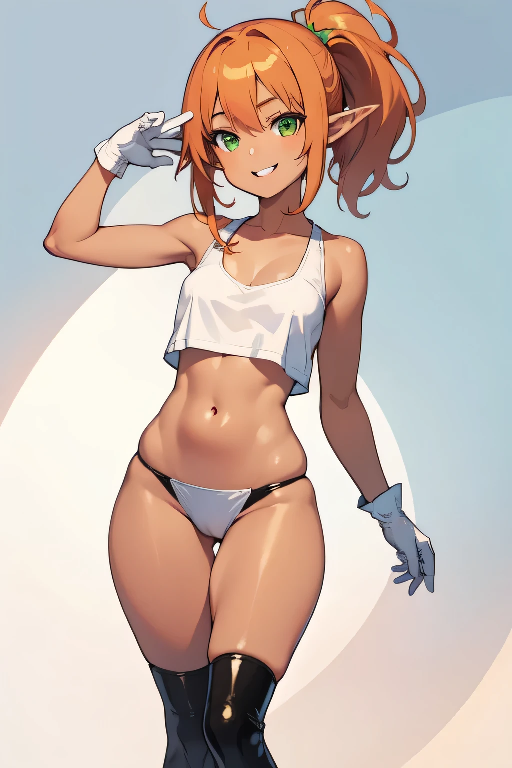 (High definition) (masterpiece),1 girl, alone Young elf girl, wide hips, small breasts, slender body, big thighs, beautiful legs, medium orange hair, tanned skin, green eyes, wearing white tank top, black bikini botton, brown gloves, with ponytail, brown boots, relaxed pose, smiling