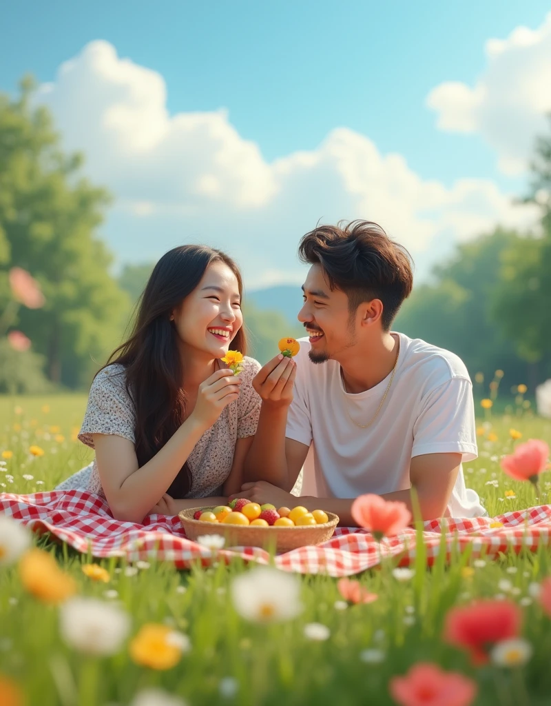 A realistic, 4K image of a couple enjoying a picnic in a picturesque meadow. The scene is bathed in soft daylight, with flowers blooming around them and a blue sky dotted with fluffy clouds. They are sitting on a checkered blanket, laughing and feeding each other fruits. The affection between them is palpable as they exchange playful, loving glances.