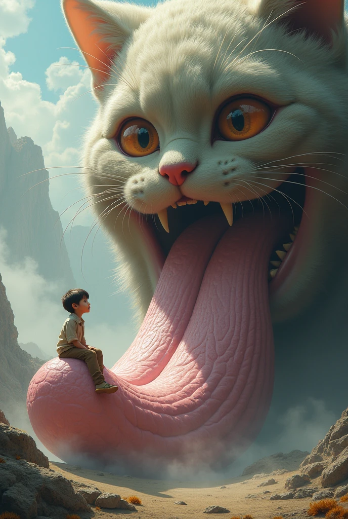 Kid sitting on a cats tongue