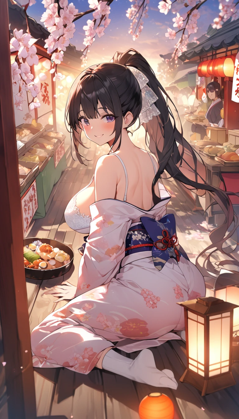 One Woman、beautiful girl、evening、kimono、Beautiful patterned kimono、ponytail、Waraji、School、Back of the school building、spring、cherry blossoms々、はためくcherry blossomsの花びら、Long Hair、Highest quality、Ultra HD、Black Hair、smile、8 heads、White tabi socks、Japanese Umbrella、smile、Cowboy Shot、festival、Many food stalls、Beautiful views、Big Breasts、kimonoがはだけて下着が見える、white lace bra、white lace panties、Lie on your back with your legs spread、Have a、Tipsy