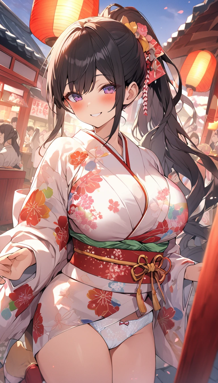 One Woman、beautiful girl、evening、kimono、Beautiful patterned kimono、ponytail、Waraji、School、Back of the school building、spring、cherry blossoms々、はためくcherry blossomsの花びら、Long Hair、Highest quality、Ultra HD、Black Hair、smile、8 heads、White tabi socks、Japanese Umbrella、smile、Cowboy Shot、festival、Many food stalls、Beautiful views、Big Breasts、kimonoがはだけて下着が見える、white lace bra、white lace panties、Lie on your back with your legs spread、Have a、Tipsy