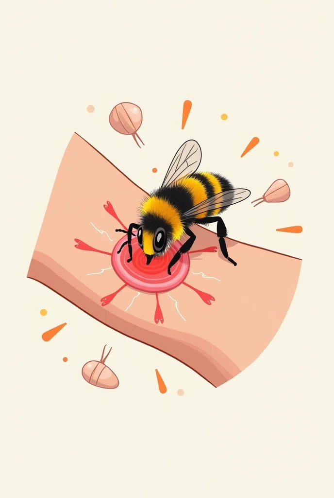 I am looking for an illustration of a bee sting in the following style:drawing style: Modern and vector, with smooth, clean lines, and vibrant colors. Cartoonish but realistic. Color: Using a palette of bright and contrasting colors that are pleasant and eye-catching. FORMAT: Illustrations arranged in a book or manual style. This illustration is intended for a guidance and training manual, so it must be clear, accessible and visually appealing."