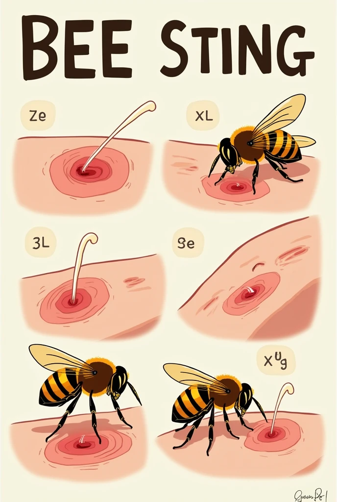I am looking for an illustration of a bee sting in the following style:drawing style: Modern and vector, with smooth, clean lines, and vibrant colors. Cartoonish but realistic. Color: Using a palette of bright and contrasting colors that are pleasant and eye-catching. FORMAT: Illustrations arranged in a book or manual style. This illustration is intended for a guidance and training manual, so it must be clear, accessible and visually appealing."