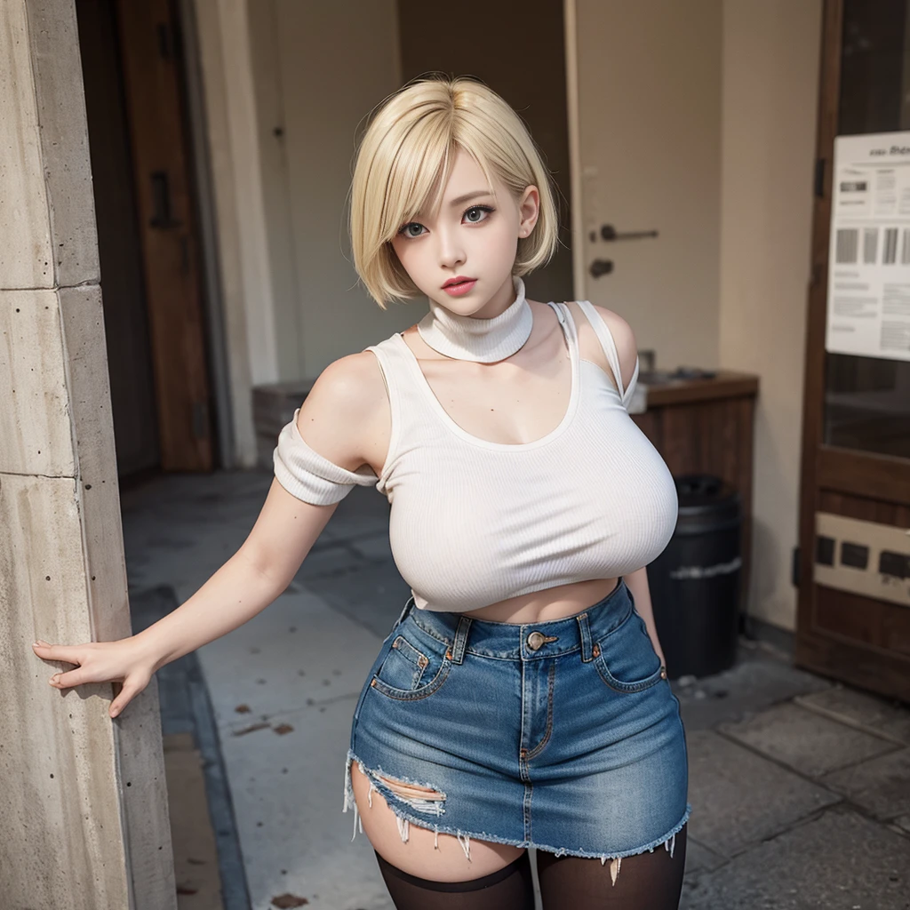 blonde short hair,Large Breasts,White vest,Black tights,,Denim skirt,ruined city,Damaged clothes and pants,
