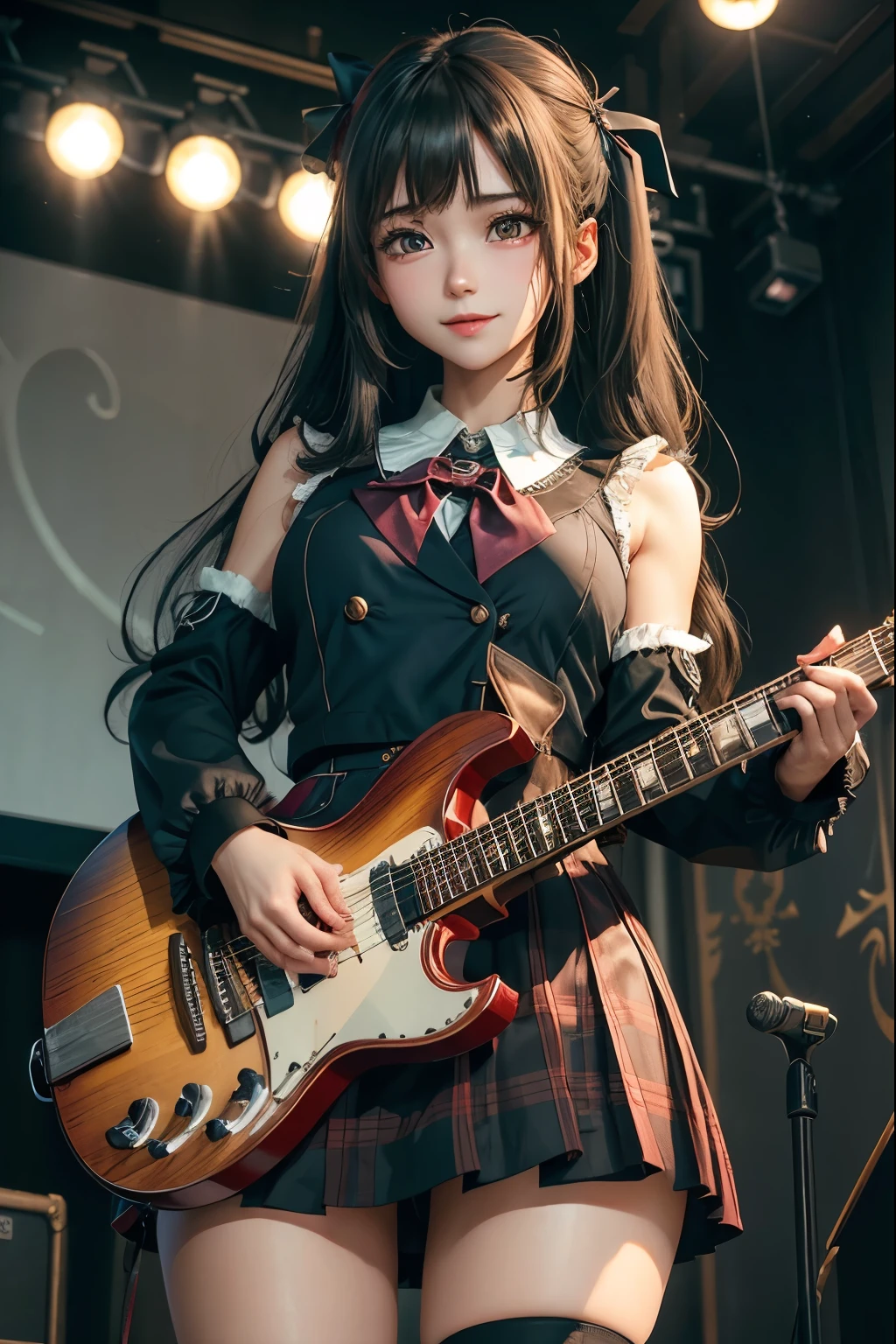 High school girl blazer、uniform、Red checked knee-length skirt、Long skirt、JK Style、Jacket、smile、Knee-high socks、Thigh-high socks、pantyhose、Extremely beautiful、Super cute、ennui、Rare Beauty、Dark black eyeshadow、sad、Skin radiance、Long Hair Straight Hair、Dark Gothic Makeup、Dark Smile、Fragrant beauty、Stained glass background、masterpiece、Highest quality、See 5 books、Sweat glistening on my chest、Sweat glistening on the face、Small breasts、2、Slightly slim、Mysterious look、Sad look、Mysterious Gothic Church、enchanting castle、Excessive sweating all over the body、Thighsに大量の汗と光、光沢のあるThighs、Thighs、Thighsに大量の汗が光る、sweat profusely、Gal、Small breasts、Japanese face、Captivating look、細いThighs、play the guitar、I have a guitar、Enthusiastic singing、バンドでplay the guitar、Playing guitar chords、Background of the live music venue、Sing a song、Open your mouth、Scenery of a live music venue、Mike stand、Glamorous live stage、Dynamic Angles、Vivid straight long hair、delicate straight hair、