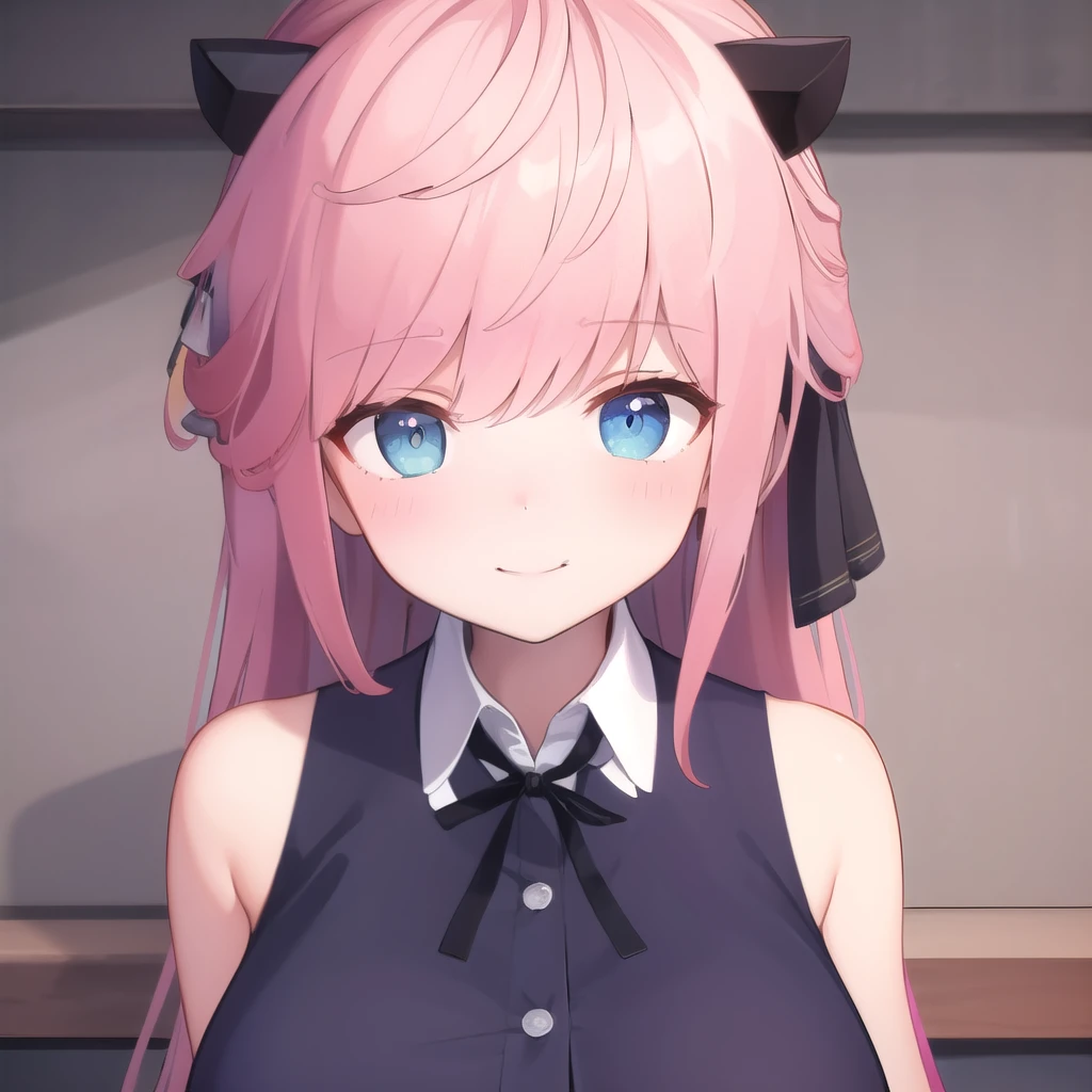 ((masterpiece)),(best quality),official art,extremely detailed CG,unity 8k wallpaper,ultra detailed, bedroom,1girl,solo,upper body,(portrait:1.2),looking at viewer,Vivi(v atmi),blue eyes,nude body,hair ribbon,horns,long hair,smile,black thighhighs,black gloves,pink hair,black ribbon,large breasts,bangs,zettai ryouiki,sidelocks,