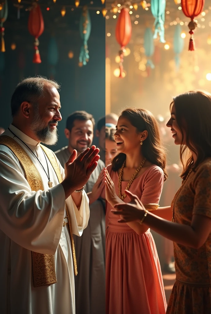 Comparison between a family that is carrying out a religious tradition and another family that is celebrating and dancing, that the separation of the images also applies to the background