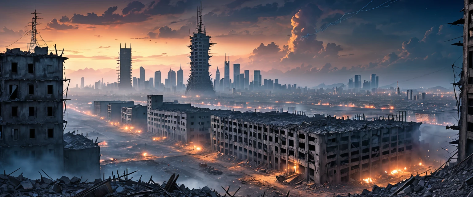 ruins of the city with a giant tower in the middle, post apocalyptic and futuristic at the same time, high concrete wall with barbed wire, smog, Skyscrapers in the distance, big deep sky, at night 
