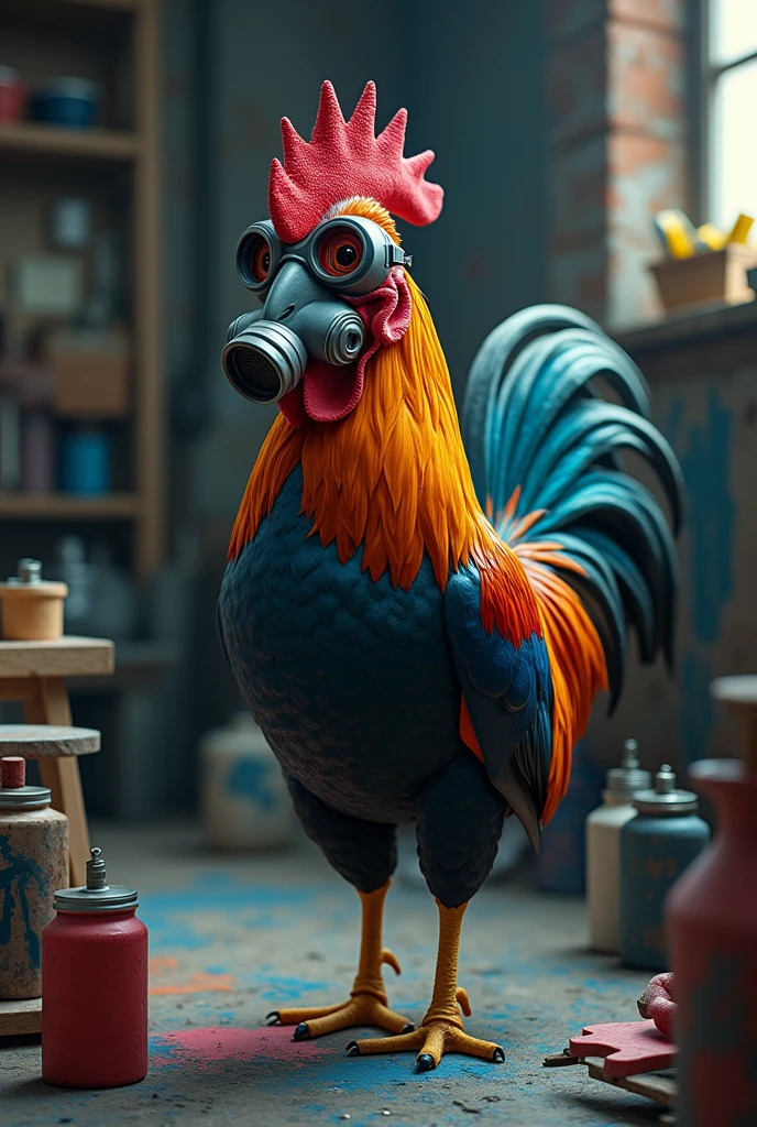 A rooster, spray painting a piece of furniture with a gas mask

 
