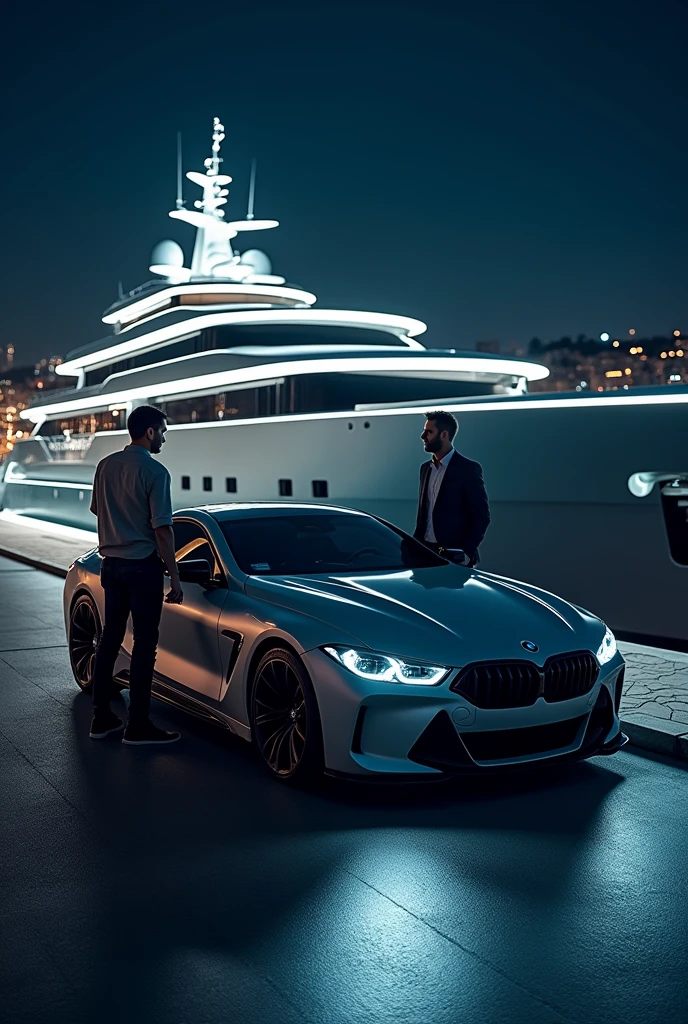 Setting and Environment:The setting is a nighttime scene at what appears to be an exclusive marina, surrounded by luxury yachts. The sky is dark, indicating that it’s late in the evening or at night.The background is dominated by a massive, modern yacht docked just behind the car and the two men. The yacht is lit up with bright, white lights, emphasizing its grandeur. The lights are arranged in sleek, horizontal lines along the edges of the yacht, giving it a futuristic appearance.Additional boats or parts of yachts can be seen faintly in the background, indicating that this marina is likely home to several large vessels. The reflections of the yacht's lights on the water create a shimmering effect, adding to the overall opulent atmosphere.The marina itself has a clean, well-maintained paved surface. The pavement is dark and smooth, with subtle reflections of light from the yacht and other surrounding sources, contributing to the high-end feel of the location.The Car:The BMW in the foreground is a high-performance, luxury sports car. It is a dark black or deep charcoal color, with a high-gloss finish that reflects the lights from the marina.The front of the car is facing the camera, displaying its aggressive, sporty design. The grille is large and prominent, with the iconic BMW star emblem centered at the front.The car’s headlights are sleek and sharp, though they are not turned on in the image. The design of the headlights adds to the car's modern, high-tech appearance.The car is parked at a slight angle, not directly facing the camera but slightly turned to the side. This angle allows for a better view of its side profile, highlighting its low, aerodynamic stance.The Men:Man on the Left:This man is standing casually to the left of the car, closer to the front end. His posture is relaxed, with his legs slightly apart and his left hand resting loosely by his side.He is wearing a loose, light yellow or beige button-up shirt, which appears to be made of a lightweight