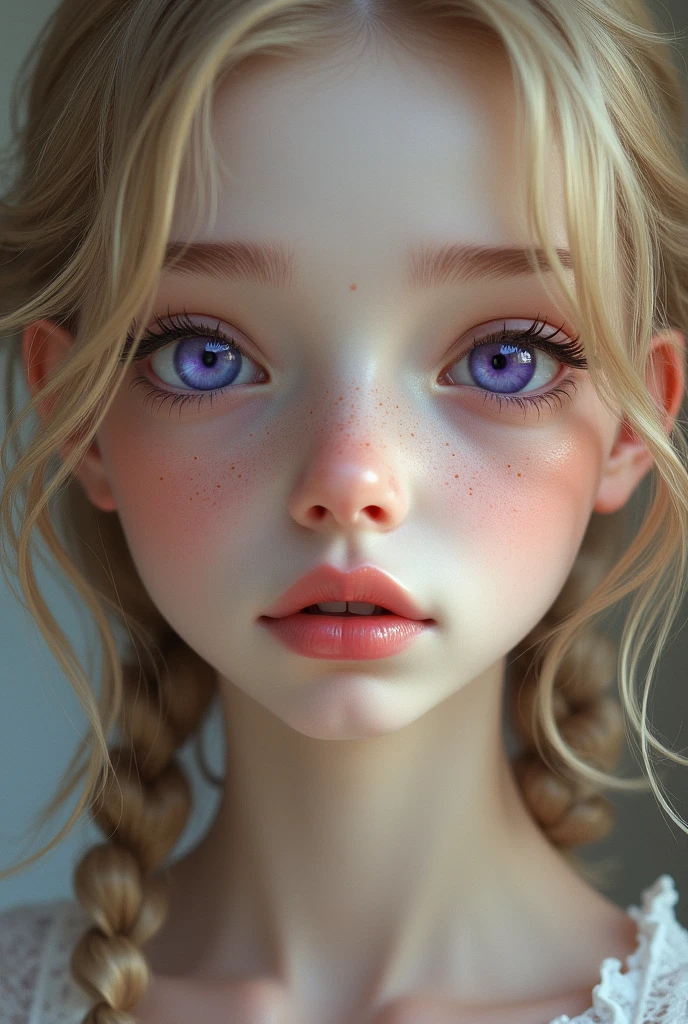 Girl with pale skin, delicate features, small mouth with full lips, big violet eyes, thin eyebrows, with freckles and long, light blonde curly hair