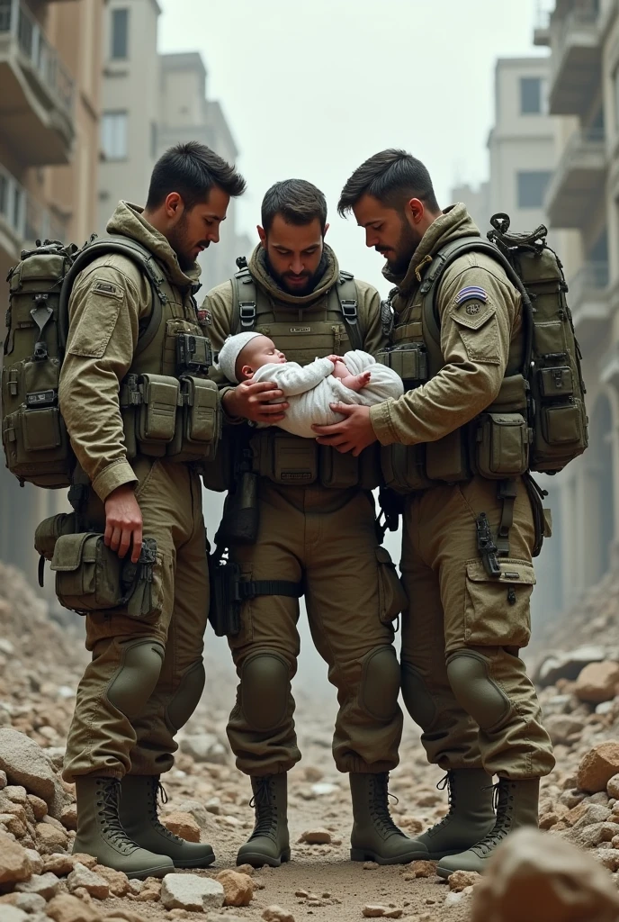 Three soldiers in camouflage uniforms amidst the wreckage of a war are happy to have rescued a newborn baby