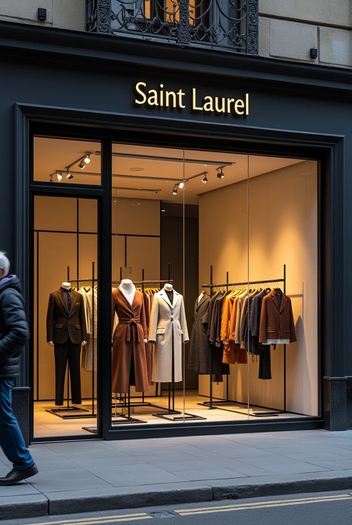 An image of a storefront with a window display of clothes, storefront, shop front, with text logo "Saint Laurel"