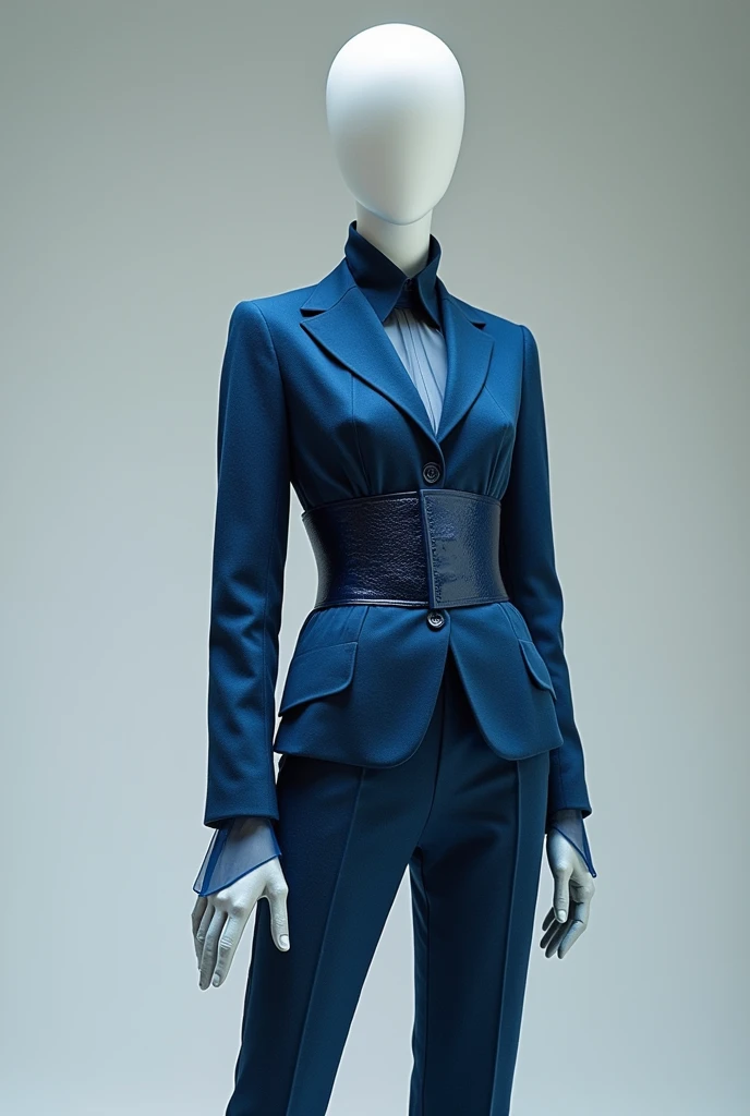 Generate a look from a blue suit, with a blue corset at the waist over the suit , a pair of blue straight-cut pants, a long sleeve shirt 50 % transparentes e azul e por baixo do terno e uma luva do mesmo material da camisa 50% transparentes. The fabric of the suit and pants must be tailored. The mannequin must be .