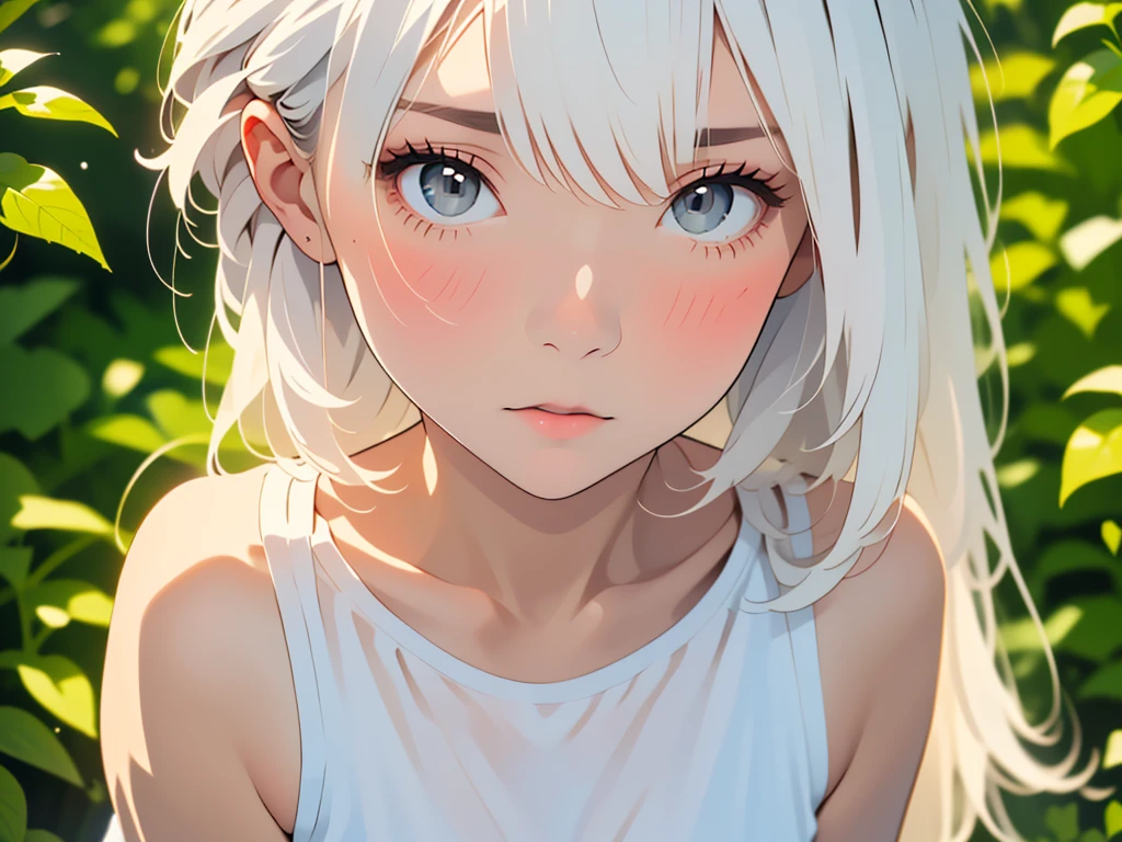 Low Leg, Low rise, albino, (((Realistic images))), Translucent white skin, White camisole, ((girl, Upper body angle)), the skin is transparent, Make the expression more realistic, thin, Soft and smooth white hair, Highlight wrinkles in clothing, Highest quality, High resolution, Extremely detailed 8K, (Ultra HD, Very detailed, Very detailed, Very Realistic, Ultra-realistic, Realistic), One Girl, One thumb, View 4 books, The underwear you are wearing is very soft and pleasant to the touch...., Stagnation, beautiful girl with a slim body, Waist-length white hair, Gray Eye Room, Chic monochrome room, Foliage plant,