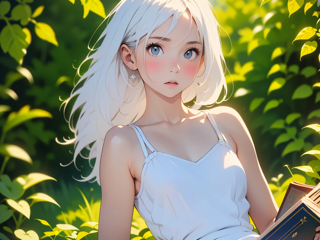 Low Leg, Low rise, albino, (((Realistic images))), Translucent white skin, White camisole, ((girl, Upper body angle)), the skin is transparent, Make the expression more realistic, thin, Soft and smooth white hair, Highlight wrinkles in clothing, Highest quality, High resolution, Extremely detailed 8K, (Ultra HD, Very detailed, Very detailed, Very Realistic, Ultra-realistic, Realistic), One Girl, One thumb, View 4 books, The underwear you are wearing is very soft and pleasant to the touch...., Stagnation, beautiful girl with a slim body, Waist-length white hair, Gray Eye Room, Chic monochrome room, Foliage plant,