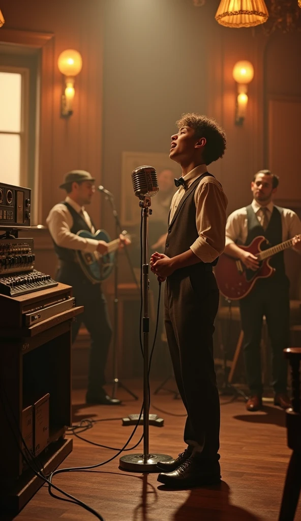 A 1940s recording studio with a warm, sepia glow. In the center, an old-fashioned microphone is surrounded by vintage analog equipment. A young man, personified as a song, stands by the microphone, dressed in a 1940s style dress. hi exudes excitement and energy as hi sings. Musicians play in the background, with instruments typical of the era. The room feels alive with the birth of a new creation. (size: 1024x1024)