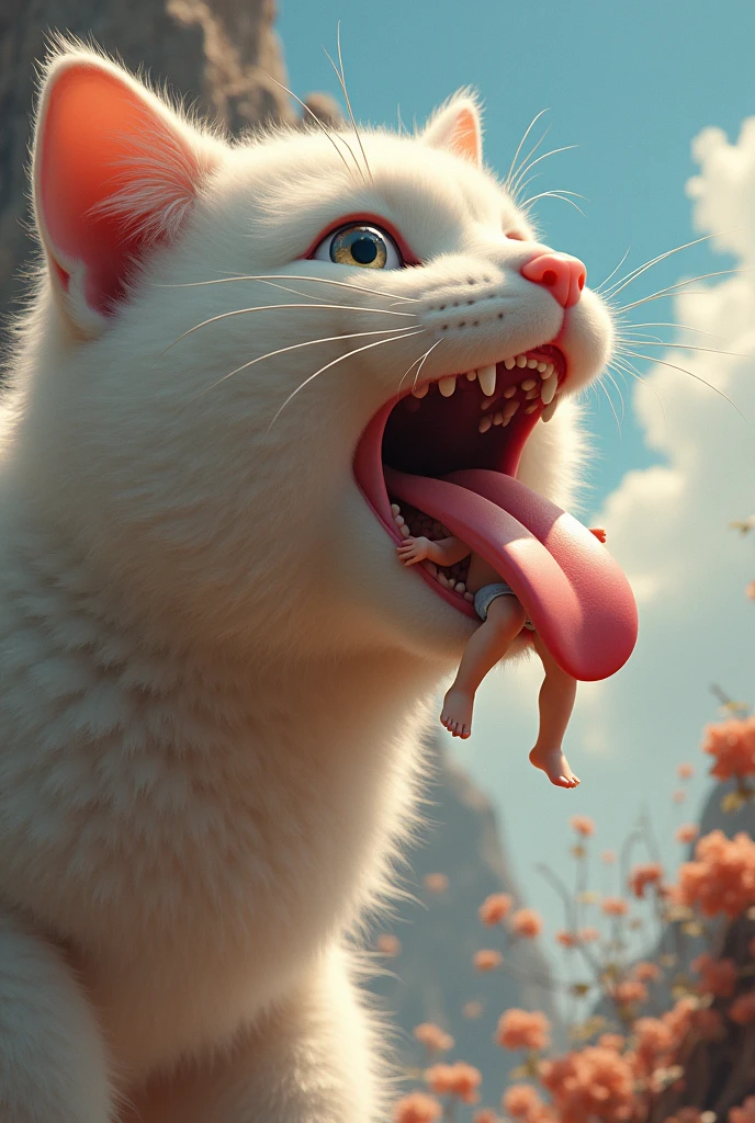 Kid riding on a cats tongue 
