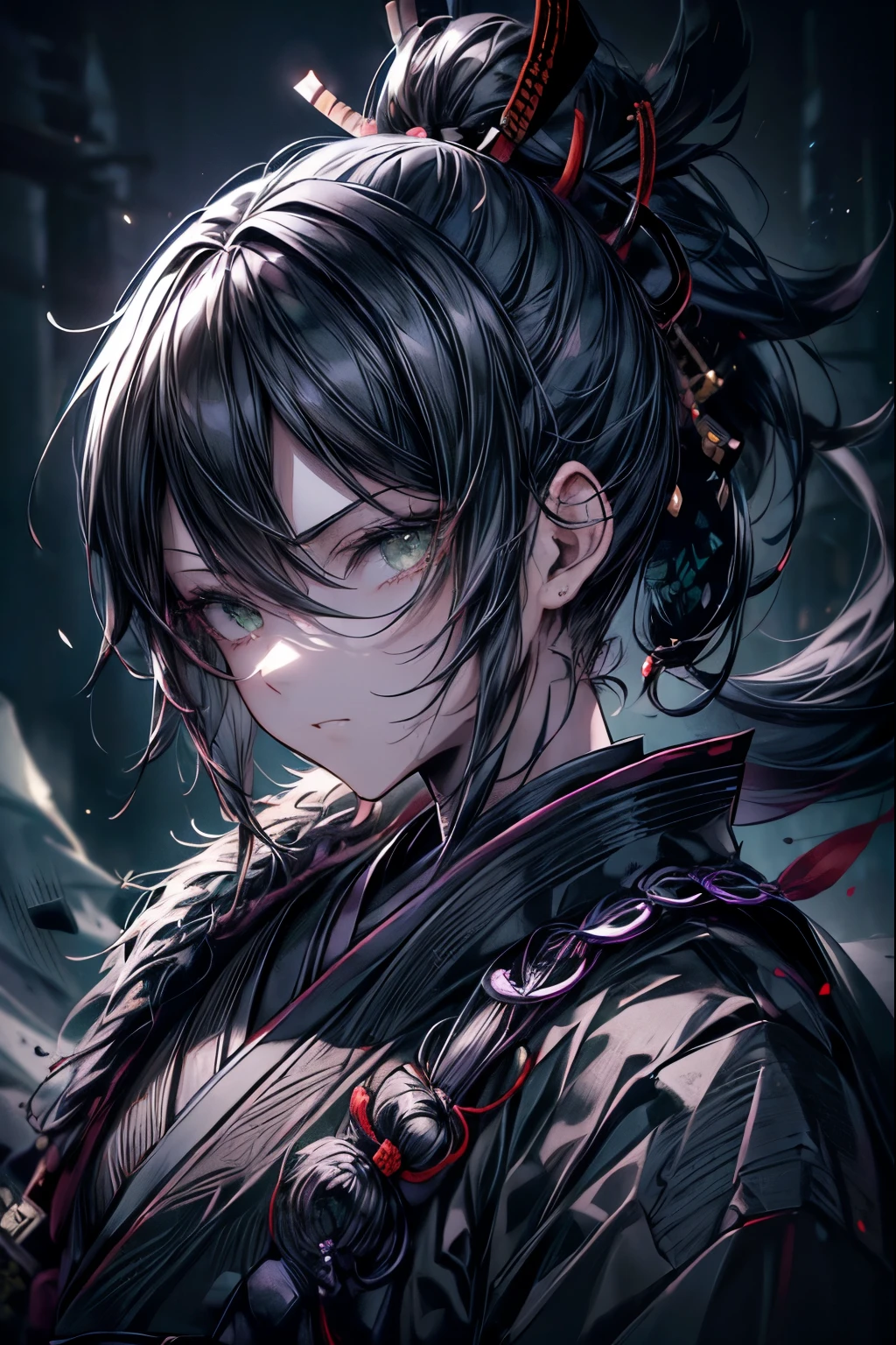 1boy, (male), intricate details, medium black hair, ponytail, green eyes, samurai armor, green kimono, katana, (masterpiece, best quality, perfect face, expressive eyes), detailed portrait, cinematic lighting, highly detailed, dramatic atmosphere, fantasy, illustration, samurai pauldrons,