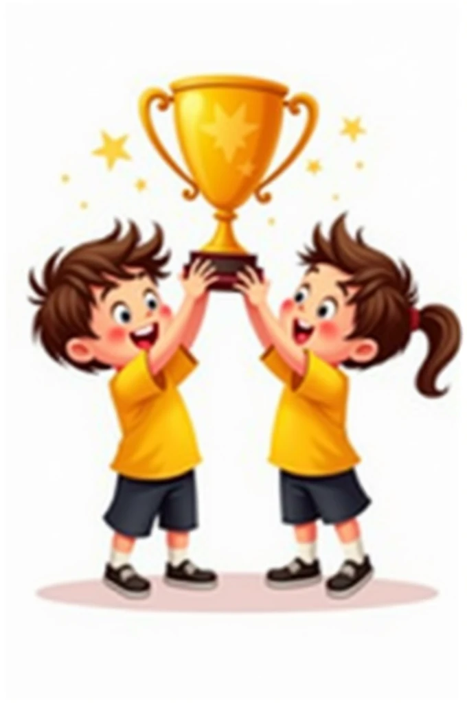 Boy and girl holding a sports cup dressed in dark yellow shirts and black pants on a white background in a cartoon style 