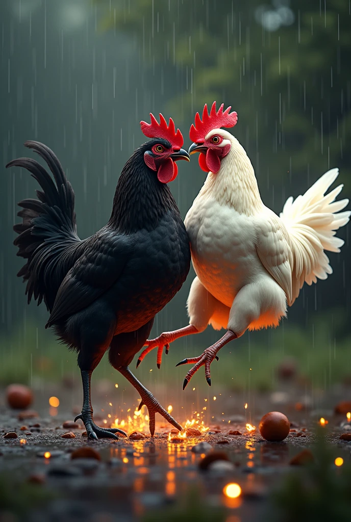 Natural background with black shade, small rain, two fighting height one chicken is black colour and another is full white chicken on air,small flame on sides of feathers of chickens, chicken legs black colour,