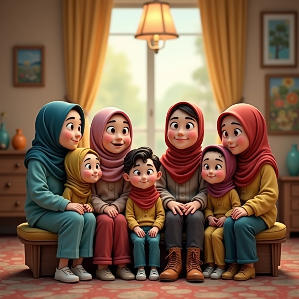 (3 hijabless male sitting), (3 hijabbed females sitting), caricaturized, cute face, casual fashion, fantasy art, happy expression, extreme detail, masterpiece, cinematic lighting, 4k, indoor background