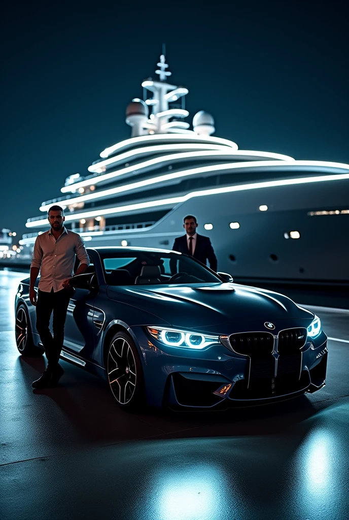 Setting and Environment:The setting is a nighttime scene at what appears to be an exclusive marina, surrounded by luxury yachts. The sky is dark, indicating that it’s late in the evening or at night.The background is dominated by a massive, modern yacht docked just behind the car and the two men. The yacht is lit up with bright, white lights, emphasizing its grandeur. The lights are arranged in sleek, horizontal lines along the edges of the yacht, giving it a futuristic appearance.Additional boats or parts of yachts can be seen faintly in the background, indicating that this marina is likely home to several large vessels. The reflections of the yacht's lights on the water create a shimmering effect, adding to the overall opulent atmosphere.The marina itself has a clean, well-maintained paved surface. The pavement is dark and smooth, with subtle reflections of light from the yacht and other surrounding sources, contributing to the high-end feel of the location.The Car:The BMW in the foreground is a high-performance, luxury sports car. It is a dark black or deep charcoal color, with a high-gloss finish that reflects the lights from the marina.The front of the car is facing the camera, displaying its aggressive, sporty design. The grille is large and prominent, with the iconic BMW star emblem centered at the front.The car’s headlights are sleek and sharp, though they are not turned on in the image. The design of the headlights adds to the car's modern, high-tech appearance.The car is parked at a slight angle, not directly facing the camera but slightly turned to the side. This angle allows for a better view of its side profile, highlighting its low, aerodynamic stance.The Men:Man on the Left:This man is standing casually to the left of the car, closer to the front end. His posture is relaxed, with his legs slightly apart and his left hand resting loosely by his side.He is wearing a loose, light yellow or beige button-up shirt, which appears to be made of a lightweight
