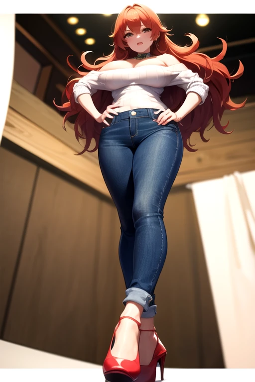 ((Best Quality)), ((masterpiece)), (detailed), 1 girl, off shoulder sweater, blue jeans, neckline, wavy fur,26 years, Red high heels, big breasts,wide hip,((view from below)),(Whole body))