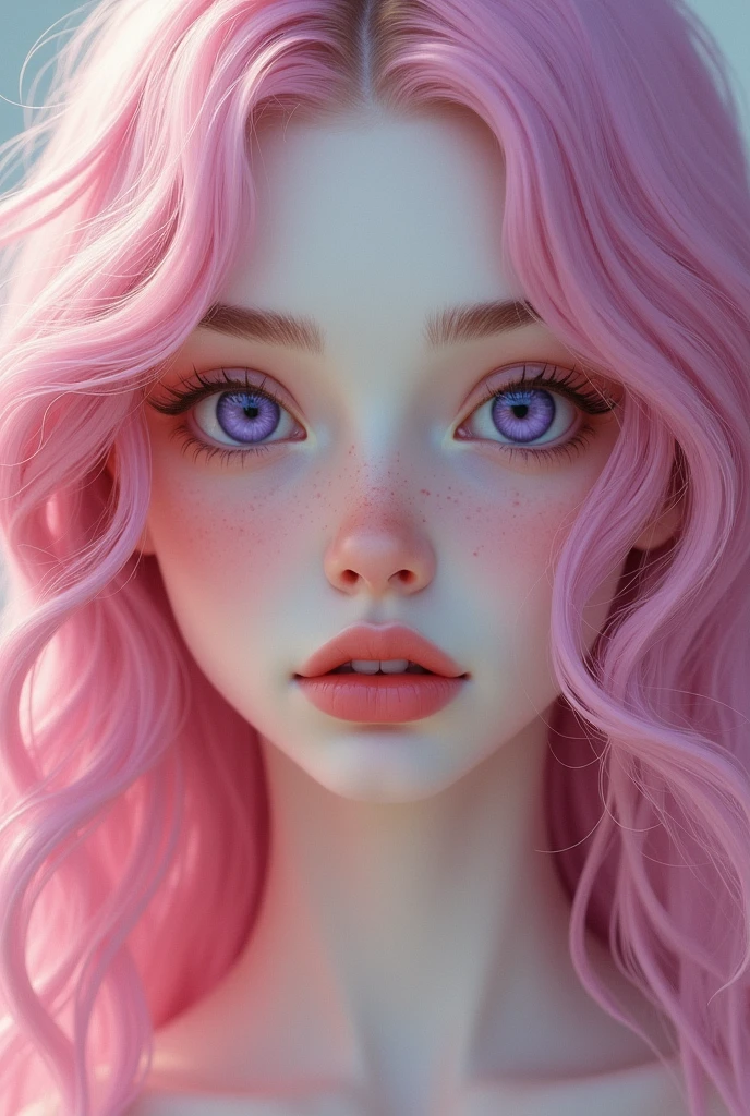 Girl with pale skin, delicate features, small mouth with full lips, big violet eyes, thin eyebrows, with freckles and long pink curly hair