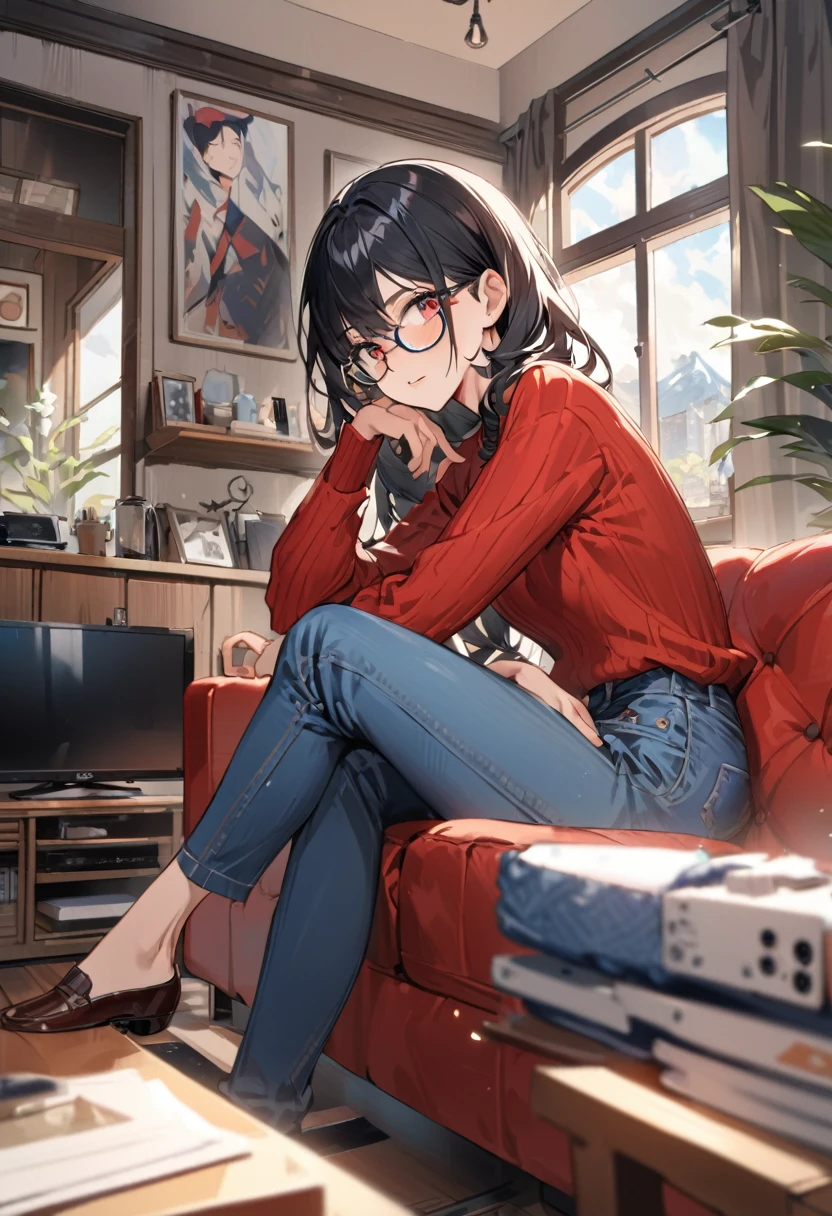 big black hair, Eyes red, red sweater, blue jeans, wear glasses, sitting on a red sofa legs crossed, seconds a television remote in his right hand, offering a coffee to the viewer, Living room in the background, One window, work of art, high qualiy, well detailed background, face perfect,detailed outfit