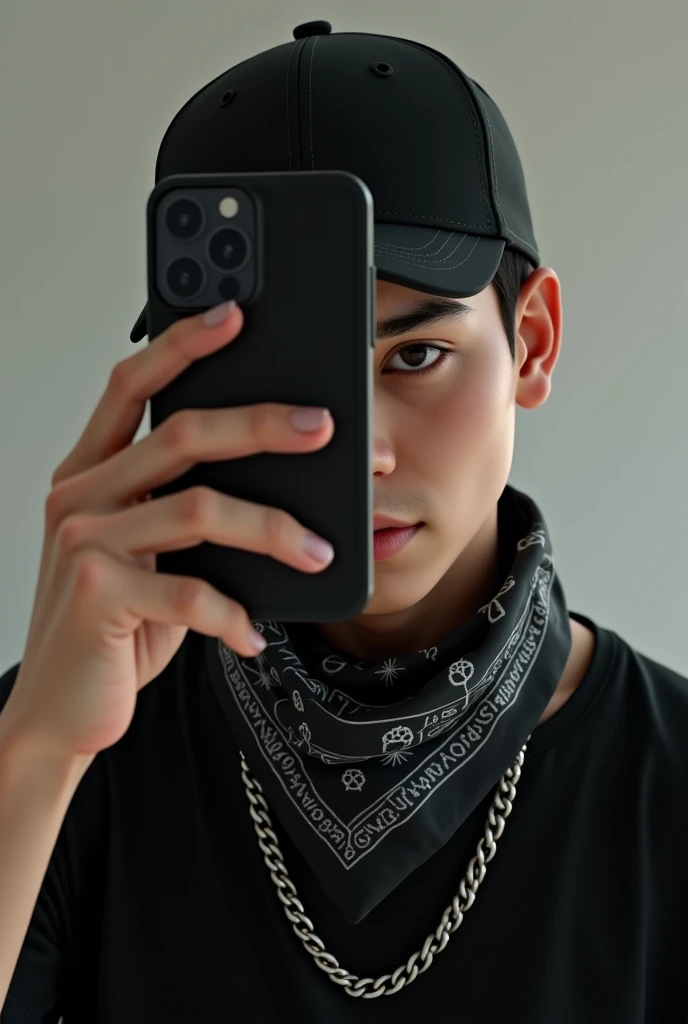 Realistic image of an 18-year-old taking a selfie with a cell phone, white skin tone, black shirt, silver chain, all black cap with curved brim, big black bandana around throat. shaven hair, and the cell phone covering the face.
