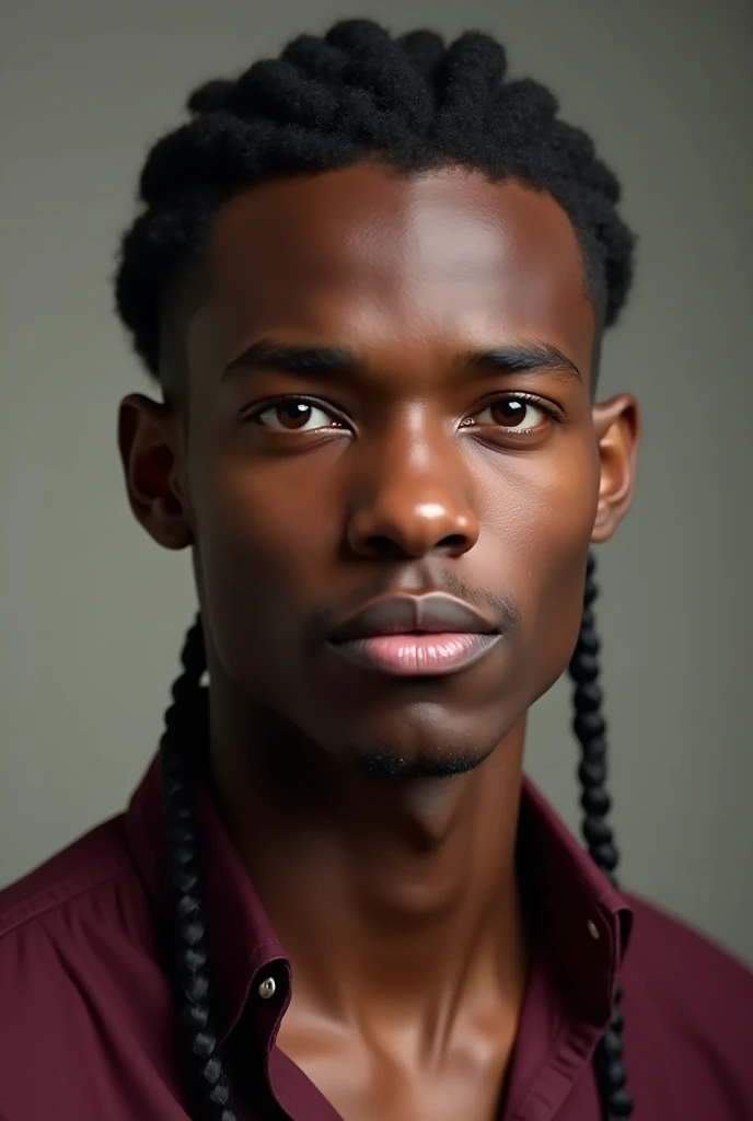 Young man 1, brown eyes, oval face, short, straight, dark hair with a hairstyle that is slicked back, a wine-colored shirt, a pair of braids and defined eyebrows