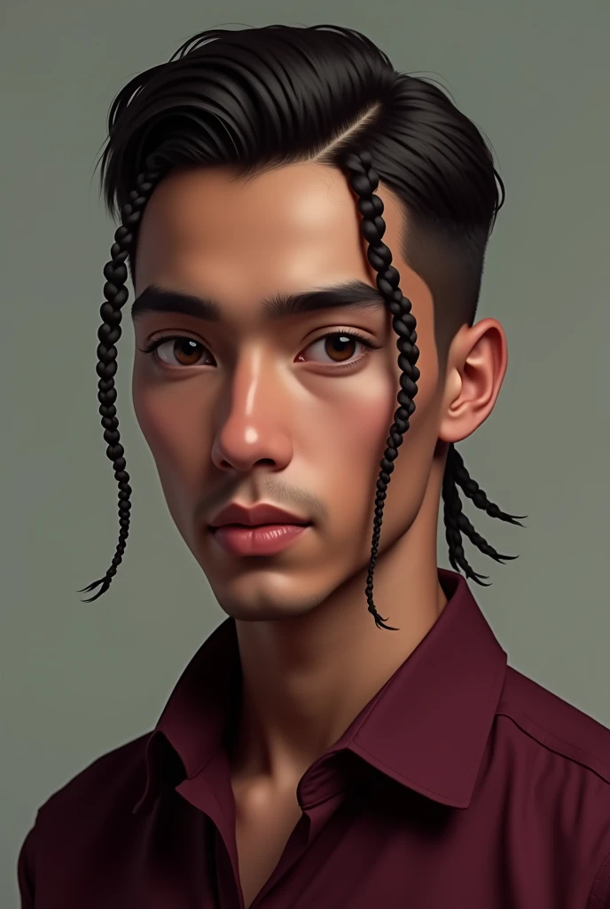 Young man 1, brown eyes, oval face, short, straight, dark hair with a hairstyle that is slicked back, a wine-colored shirt, a pair of braids and defined eyebrows 