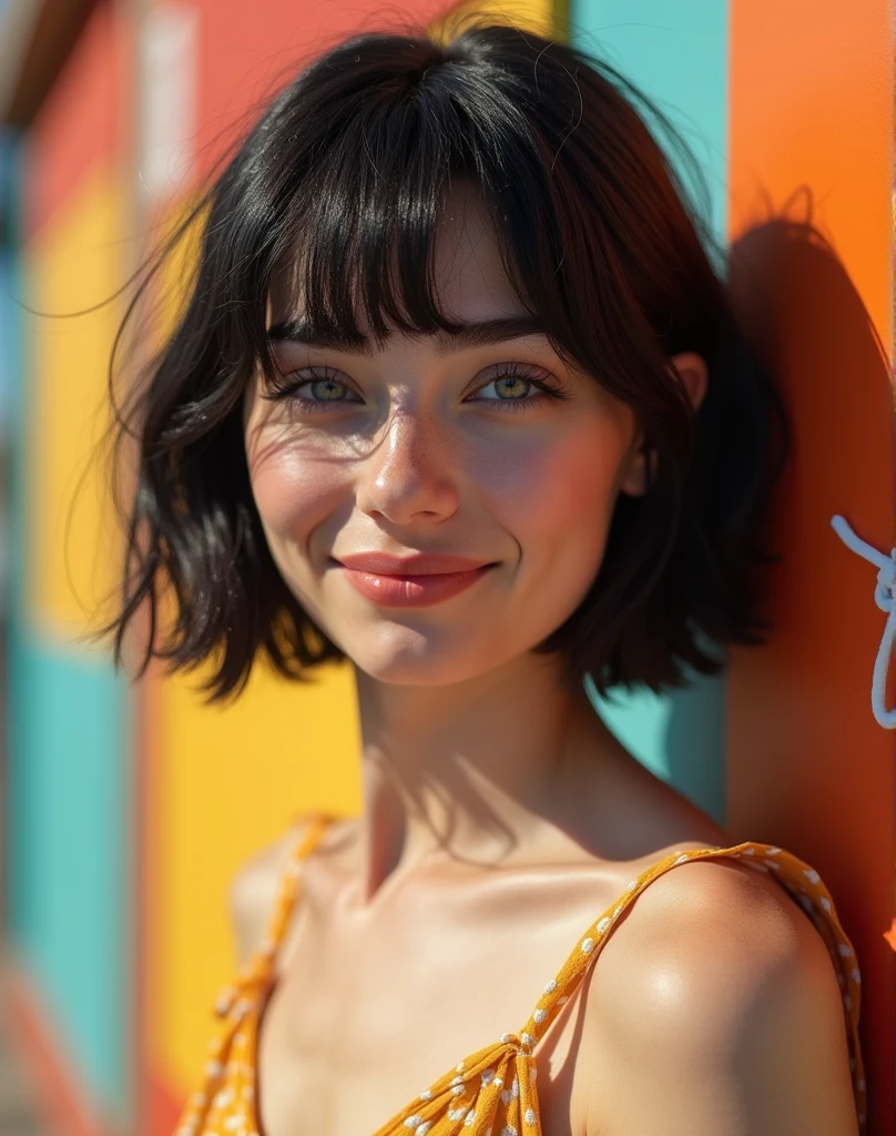 RAW photo, best quality, masterpiece, ((photorealistic)), Polish girl, 20 years old, black hair, Light grey eyes, short bob cut, hair in 7 thirds, hair over one ear, Symmetrical eyes, Detailed Skin, Detailed face, Detailed hands, Big Breasts, rip gloss, Photographed in front of a colorful and stylish exterior wall, smiling, full body, sunny, outdoors, detailed background, model-like pose, summer, sunlight, shadow, stylish clothes,